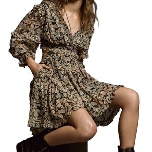 BY ANTHROPOLOGIE V-NECK RUFFLE CUT-OUT MINI DRESSS Neutral Motif Size small